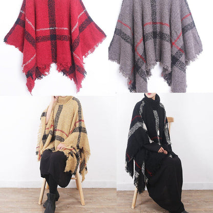 Red Plaid Tassel Cloak High Neck Knit Sweater