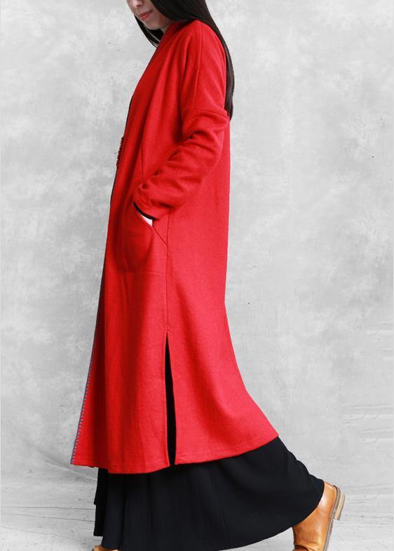 Red Clothing Sweaters Pockets Side Open Coats