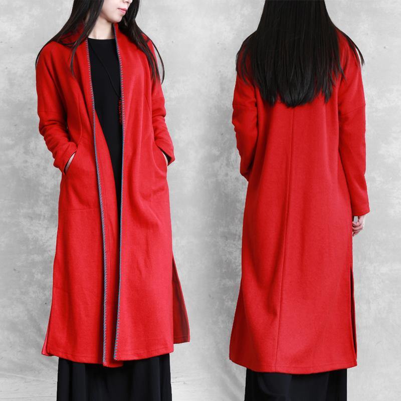 Red Clothing Sweaters Pockets Side Open Coats