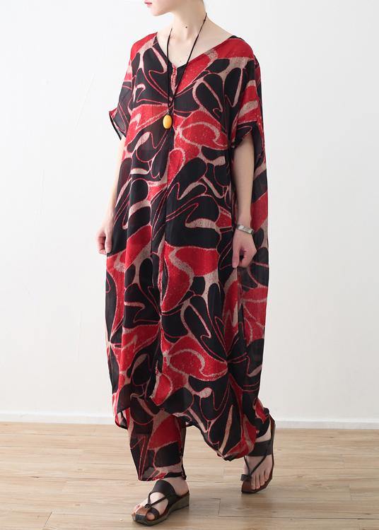 Red Prints Chiffon V Neck Long Tops and Pants Two Pieces