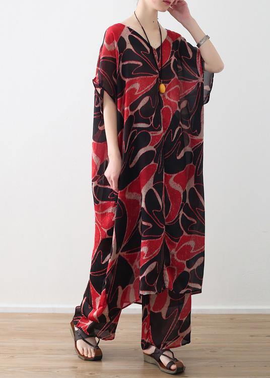 Red Prints Chiffon V Neck Long Tops and Pants Two Pieces