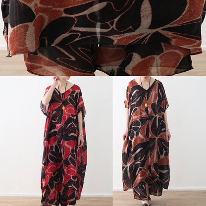 Red Prints Chiffon V Neck Long Tops and Pants Two Pieces