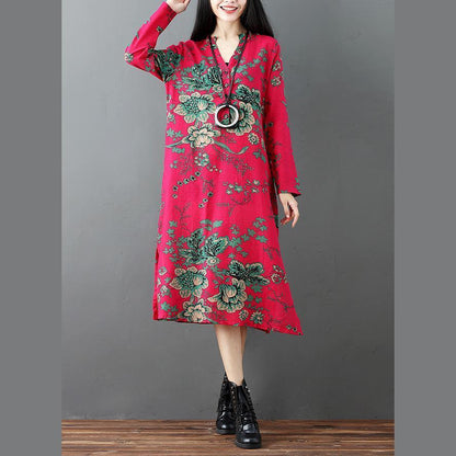 Red Prints Linen Dresses Clothing Side Open Linen Clothing Dresses Long Sleeve Linen Caftans