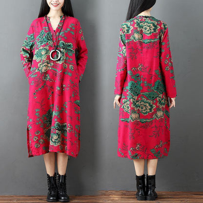 Red Prints Linen Dresses Clothing Side Open Linen Clothing Dresses Long Sleeve Linen Caftans