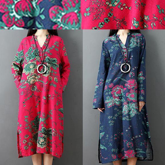 Red Prints Linen Dresses Clothing Side Open Linen Clothing Dresses Long Sleeve Linen Caftans
