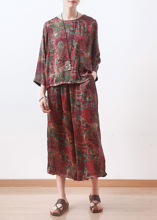 Red Prints Silk Two Pieces Long Sleeve Tops and Elastic Waist Wide Leg Pants