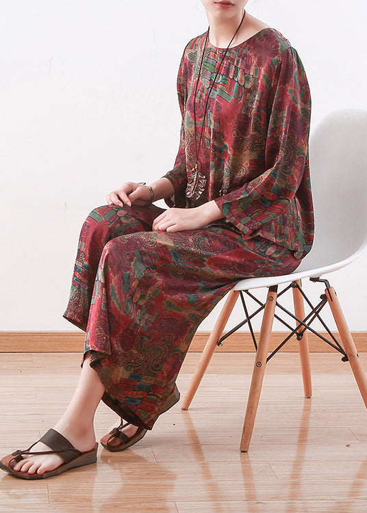 Red Prints Silk Two Pieces Long Sleeve Tops and Elastic Waist Wide Leg Pants
