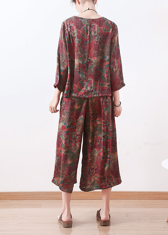 Red Prints Silk Two Pieces Long Sleeve Tops and Elastic Waist Wide Leg Pants