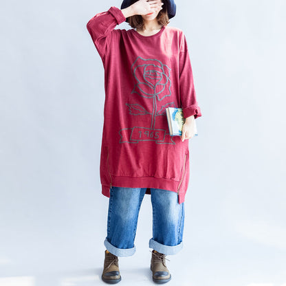 Red Rose Spring Dresses Cotton Shift Dress Pullover Zippered Hem