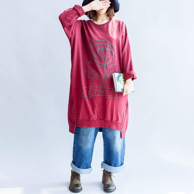Red Rose Spring Dresses Cotton Shift Dress Pullover Zippered Hem