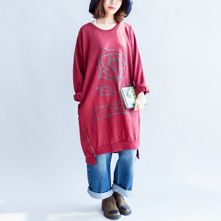 Red Rose Spring Dresses Cotton Shift Dress Pullover Zippered Hem