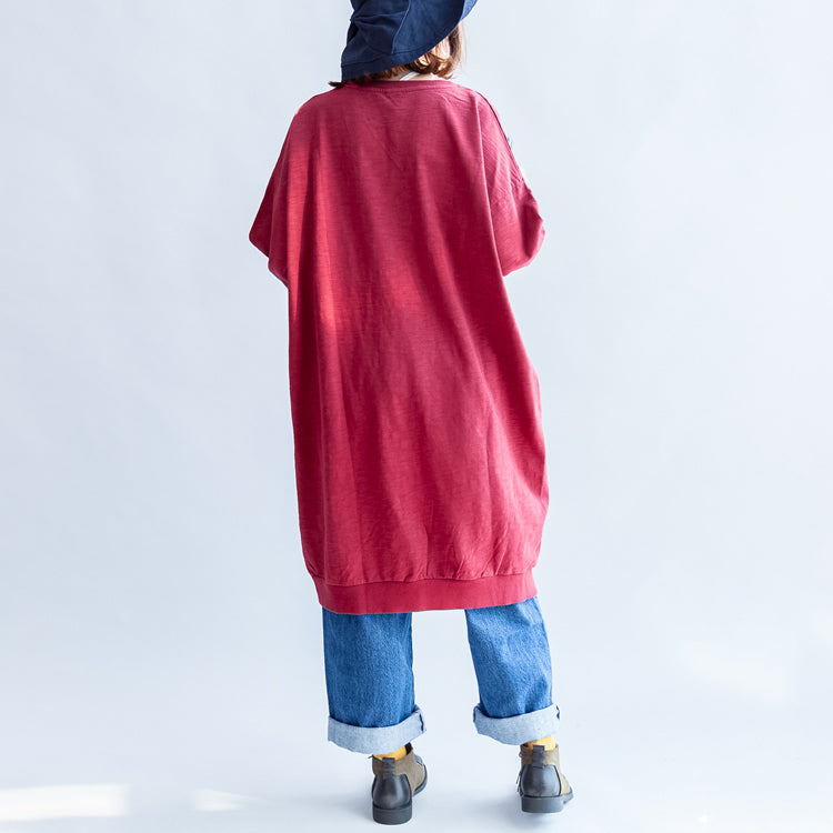 Red Rose Spring Dresses Cotton Shift Dress Pullover Zippered Hem