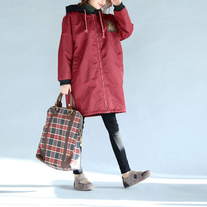 Red Thick Warm Zippered Trench Coats Oversize Prints Long Sleeve Hooded Winter Outfits