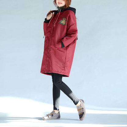 Red Thick Warm Zippered Trench Coats Oversize Prints Long Sleeve Hooded Winter Outfits