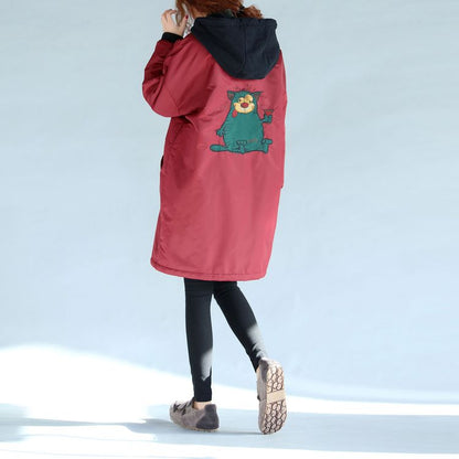 Red Thick Warm Zippered Trench Coats Oversize Prints Long Sleeve Hooded Winter Outfits