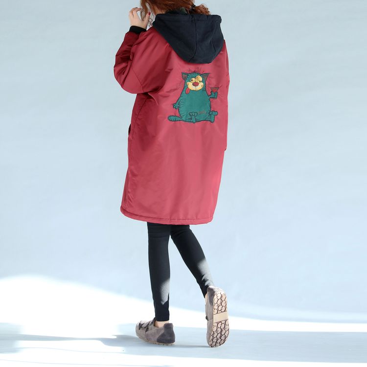 Red Thick Warm Zippered Trench Coats Oversize Prints Long Sleeve Hooded Winter Outfits