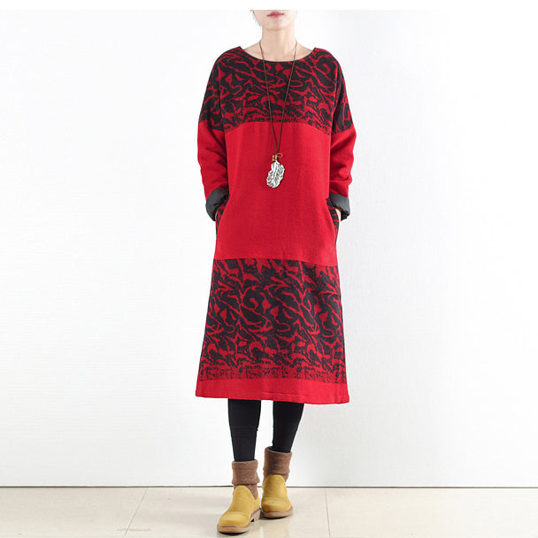 Red Winter Dresses Winter Woolen Print Maxi Dress Pullover Caftans Long Shirts