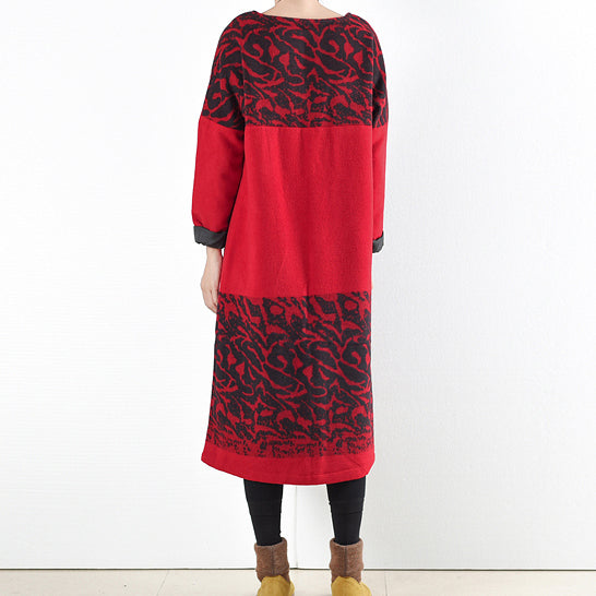 Red Winter Dresses Winter Woolen Print Maxi Dress Pullover Caftans Long Shirts