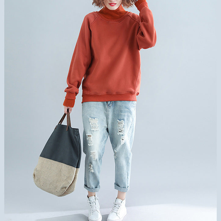 Red Warm False Two Pieces Sweater Knitted Blouses High Neck Winter Blouse