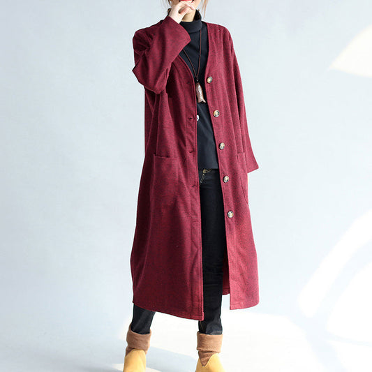 Red Winter Cotton Cardigans Long Sleeve Woolen Trench Coats
