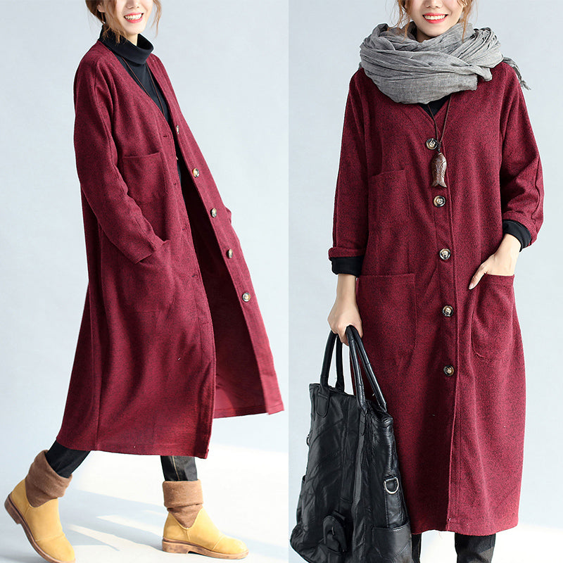 Red Winter Cotton Cardigans Long Sleeve Woolen Trench Coats