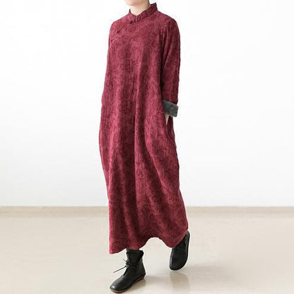 Red Winter Dresses Linen Dress New Thick Velour Inside Gown Caftans Style
