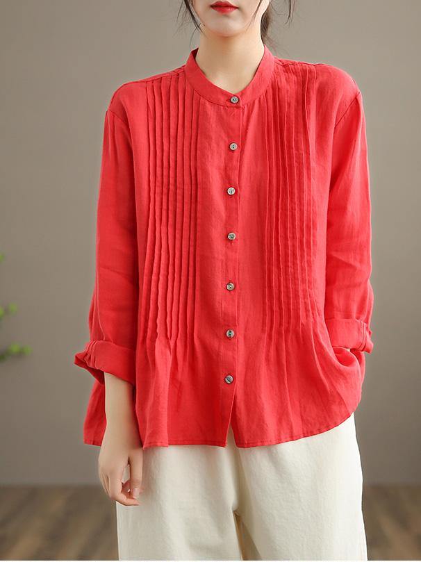 Organic White-flower Linen Shirt Tunics Ramie Blouse