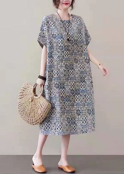 Red Prints Linen Shift Dresses Side Open V Neck Linen Dresses