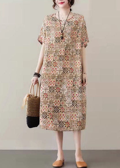 Red Prints Linen Shift Dresses Side Open V Neck Linen Dresses