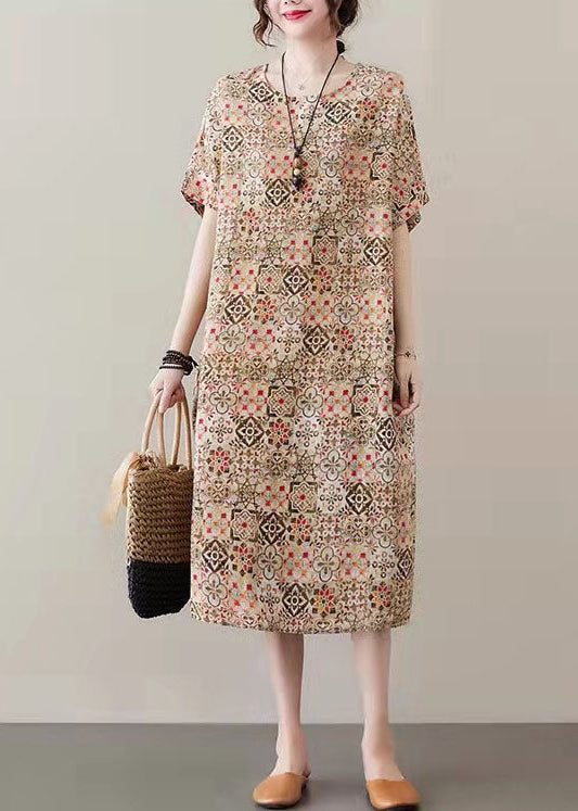 Red Prints Linen Shift Dresses Side Open V Neck Linen Dresses