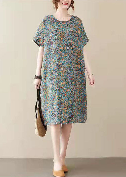 Red Prints Linen Shift Dresses Side Open V Neck Linen Dresses