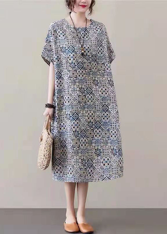 Red Prints Linen Shift Dresses Side Open V Neck Linen Dresses
