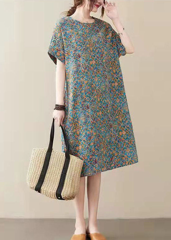 Red Prints Linen Shift Dresses Side Open V Neck Linen Dresses