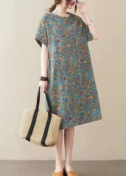 Red Prints Linen Shift Dresses Side Open V Neck Linen Dresses