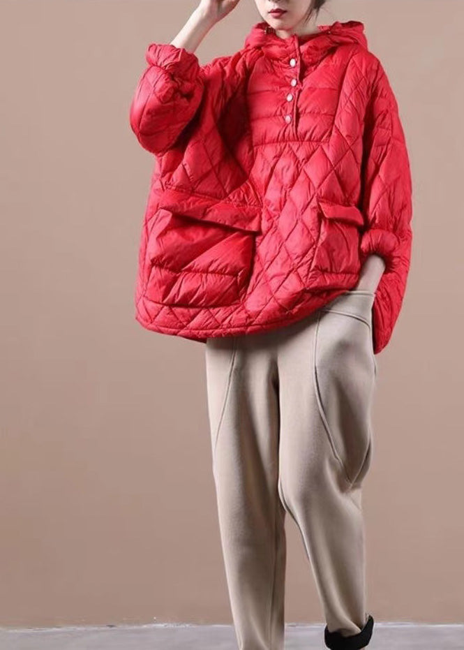 Clothing Down Jacket Hooded Red Pockets Goose Down Jacket