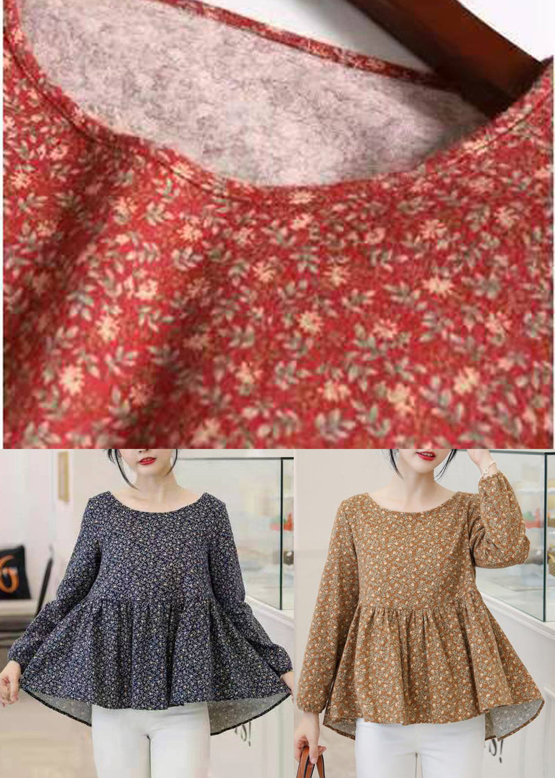 Retro Red Print Patchwork Cotton Top Long Sleeve