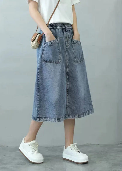 Rief Blue Patchwork Elastic Waist Denim Skirts Summer