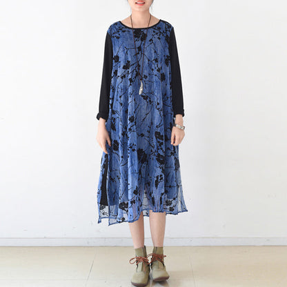Royal Blue Spring Dresses Plum Flowers Print Chiffon Dress Long Maxi Dresses Layered