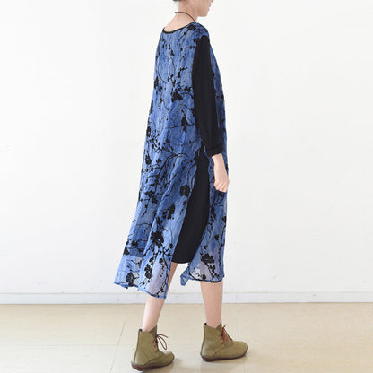 Royal Blue Spring Dresses Plum Flowers Print Chiffon Dress Long Maxi Dresses Layered