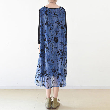 Royal Blue Spring Dresses Plum Flowers Print Chiffon Dress Long Maxi Dresses Layered
