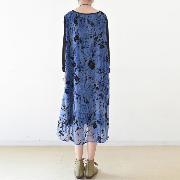 Royal Blue Spring Dresses Plum Flowers Print Chiffon Dress Long Maxi Dresses Layered