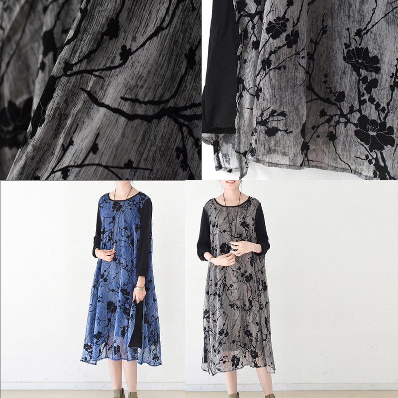 Royal Blue Spring Dresses Plum Flowers Print Chiffon Dress Long Maxi Dresses Layered