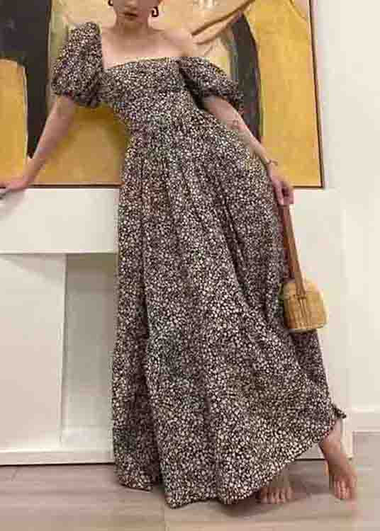 Rt Print Square Collar Wrinkled Patchwork Cotton Long Dresses Puff Sleeve