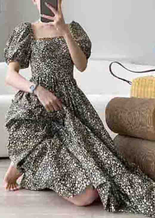 Rt Print Square Collar Wrinkled Patchwork Cotton Long Dresses Puff Sleeve