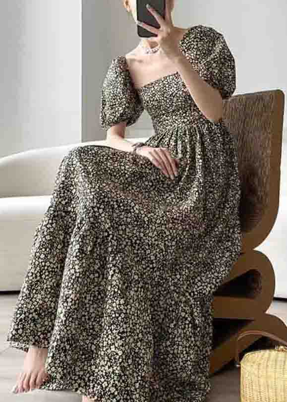 Rt Print Square Collar Wrinkled Patchwork Cotton Long Dresses Puff Sleeve