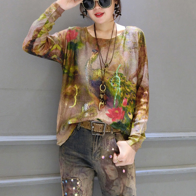 Fit Gold Phoenix Print Cotton Knit Tops Oversize Asymmetric Sweater