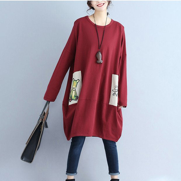 Cotton Pockets Prints Burgundy Dresses Oversize O Neck Mid Dress