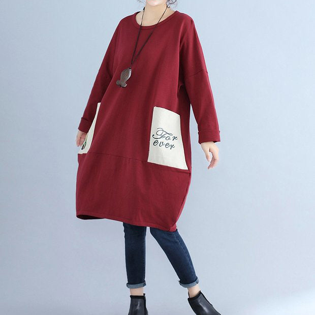 Cotton Pockets Prints Burgundy Dresses Oversize O Neck Mid Dress