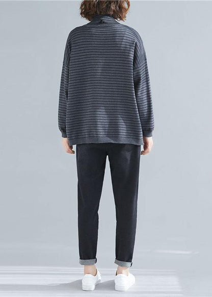 Spring Gray Striped Knit Blouse High Neck Spring Knitwear