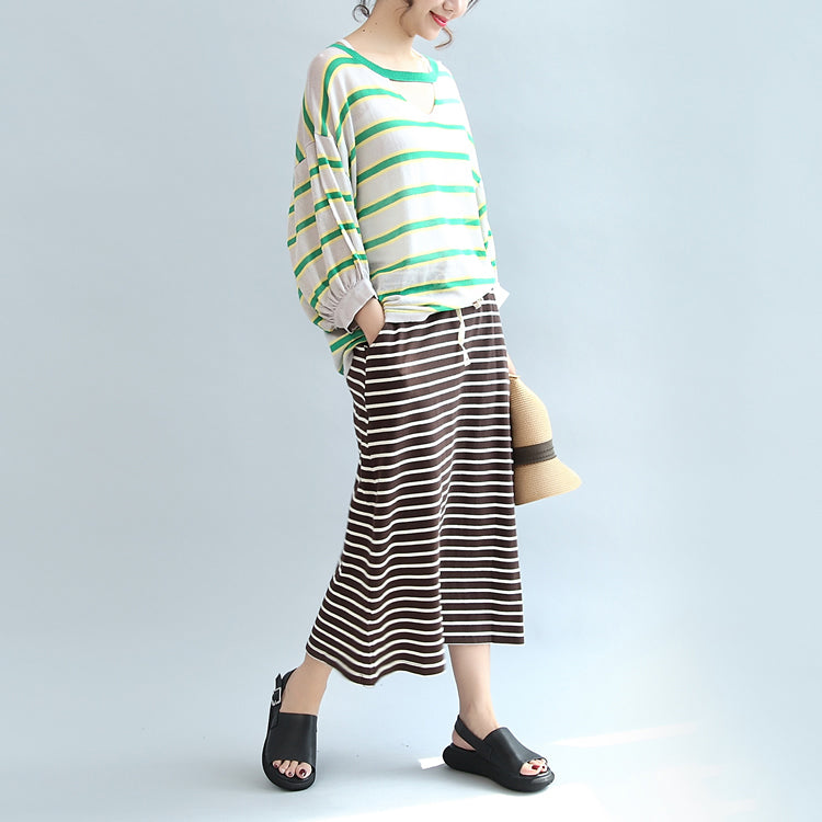Spring Green Striped Cotton Tops Lantern Sleeve T Shirt